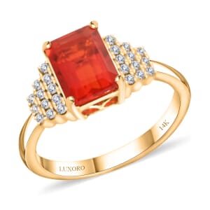 Certified & Appraised Luxoro 14K Yellow Gold AAA Mexican Cherry Fire Opal and I2 Diamond Ring (Size 7.0) 1.40 ctw