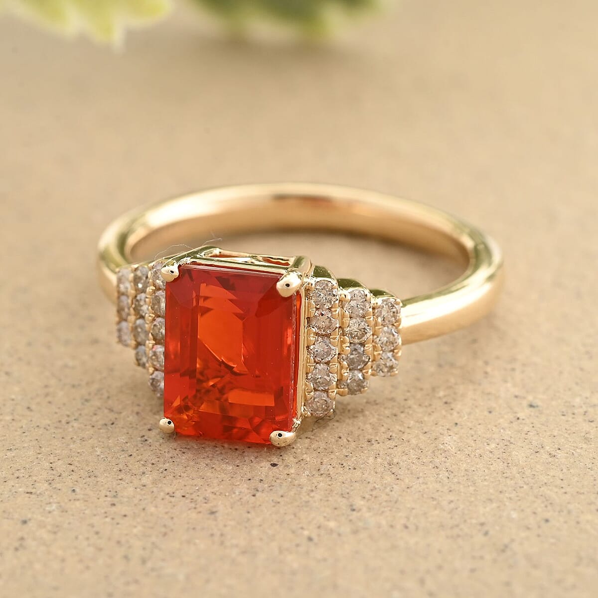 Certified & Appraised Luxoro 14K Yellow Gold AAA Mexican Cherry Fire Opal and I2 Diamond Ring (Size 8.0) 1.40 ctw image number 1