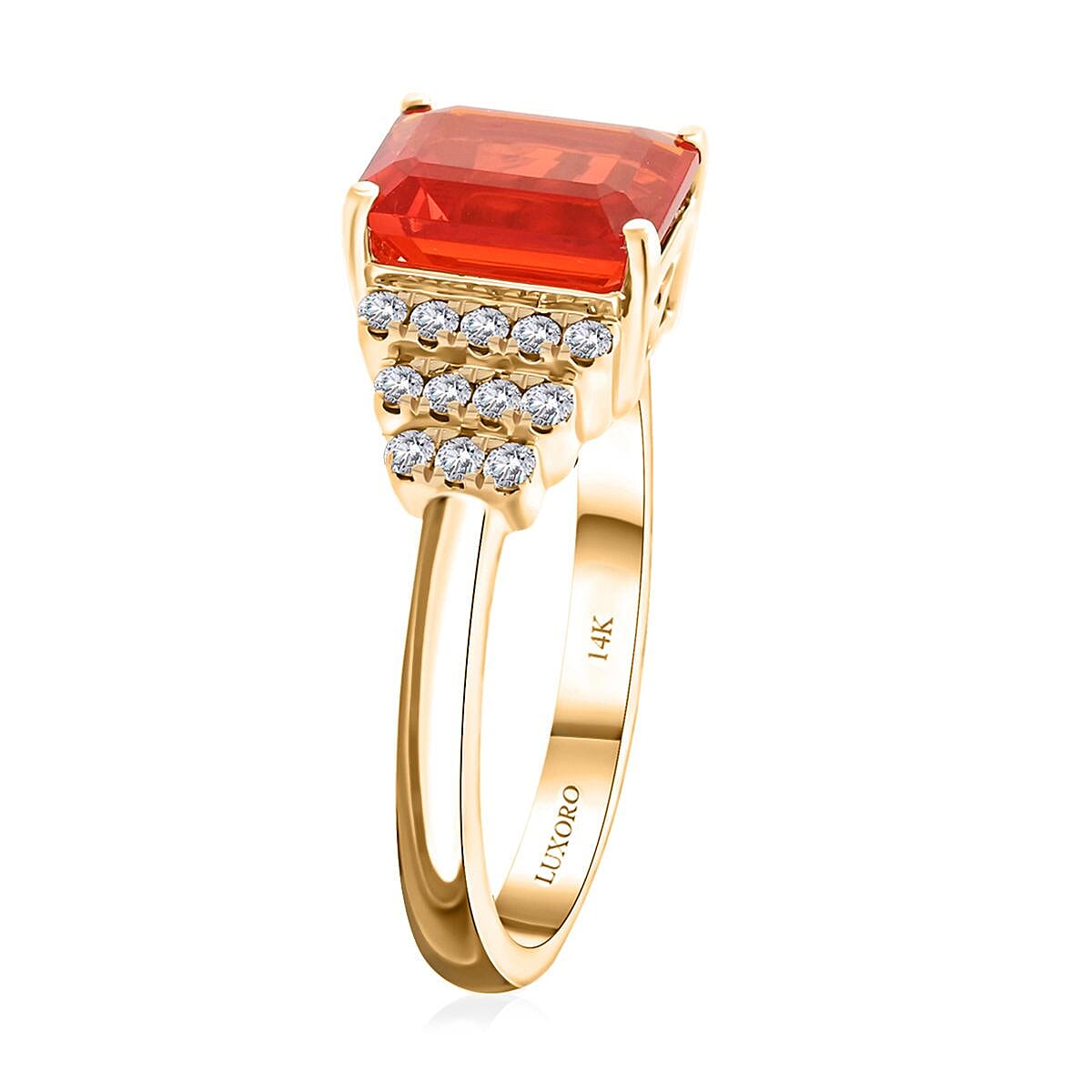 Certified & Appraised Luxoro 14K Yellow Gold AAA Mexican Cherry Fire Opal and I2 Diamond Ring (Size 8.0) 1.40 ctw image number 3
