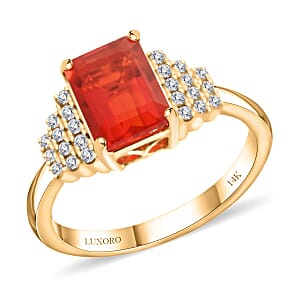 Certified & Appraised Luxoro 14K Yellow Gold AAA Mexican Cherry Fire Opal and I2 Diamond Ring (Size 9.0) 1.40 ctw