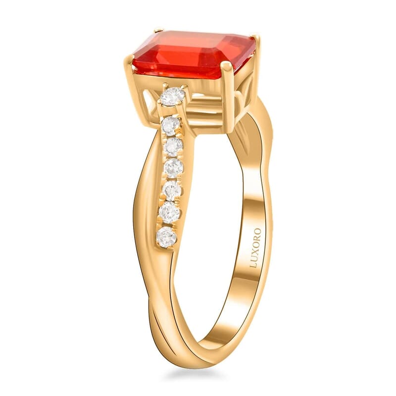 Certified & Appraised Luxoro 14K Yellow Gold AAA Mexican Cherry Fire Opal and I2 Diamond Ring (Size 10.0) 1.40 ctw