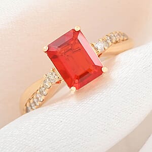 Certified & Appraised Luxoro 14K Yellow Gold AAA Mexican Cherry Fire Opal, Diamond (I2) (0.19 cts) Ring (Size 5.0) 1.40 ctw
