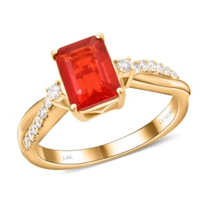 Certified & Appraised Luxoro 14K Yellow Gold AAA Mexican Cherry Fire Opal and I2 Diamond Ring (Size 6.0) 1.40 ctw