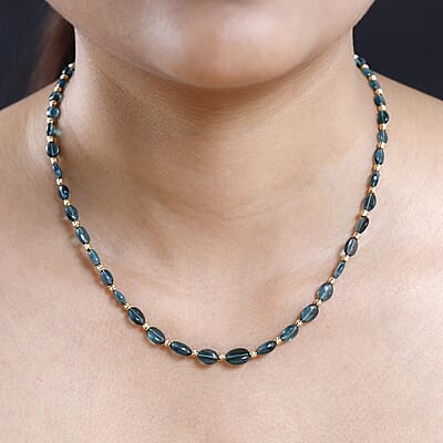 Certified & Appraised Iliana 18K Yellow Gold AAA Monte Belo Indicolite Beaded Necklace 18-20 Inches 4.42 Grams 50.18 ctw