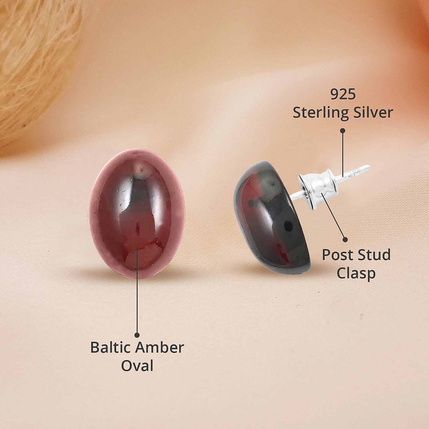 Baltic Amber Oval Stud Earrings in Sterling Silver