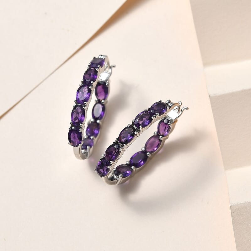 African Amethyst Hoop Earrings in Platinum Over Sterling Silver 7.90 ctw