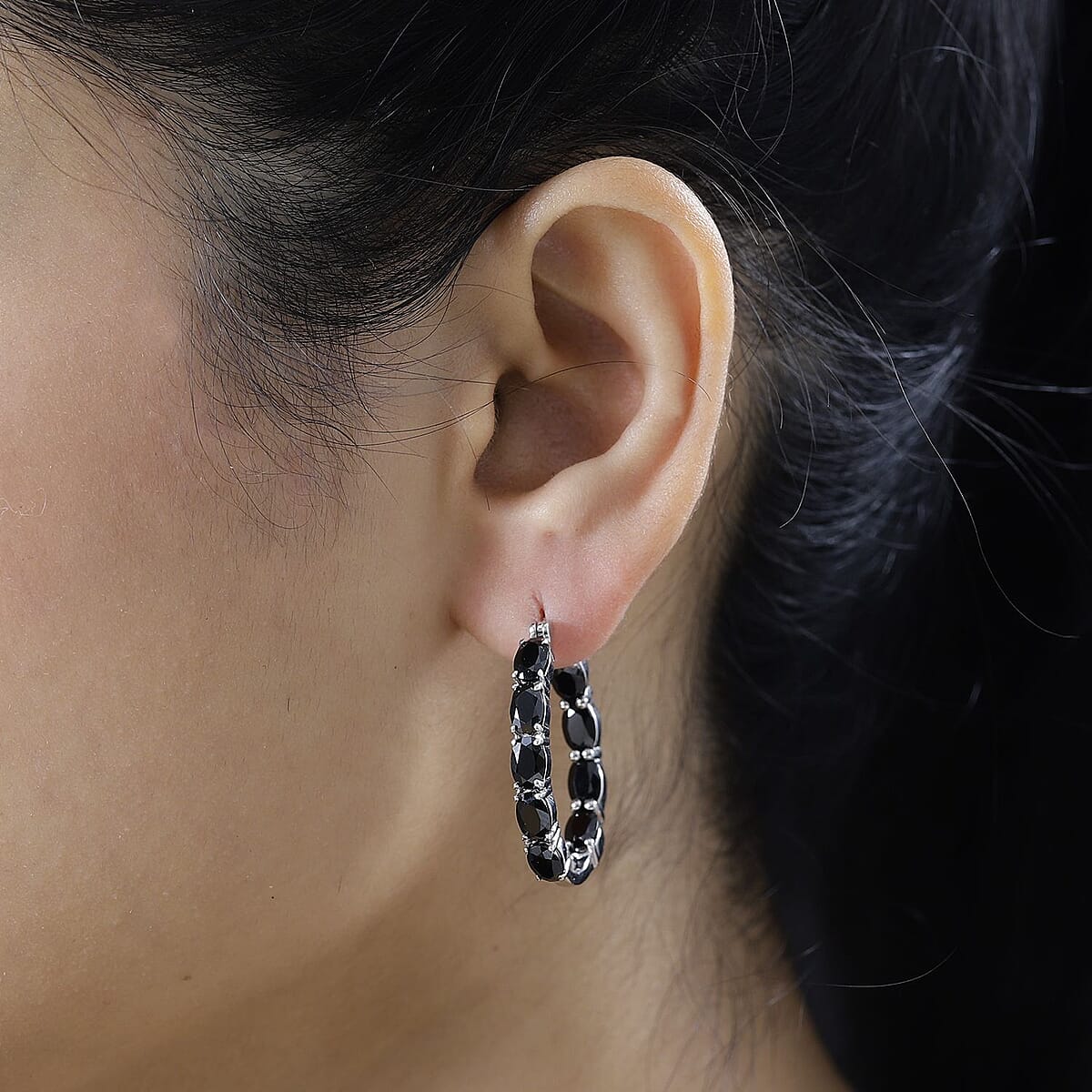 Thai Black Spinel Hoop Earrings in Platinum Over Sterling Silver 10.65 ctw image number 2