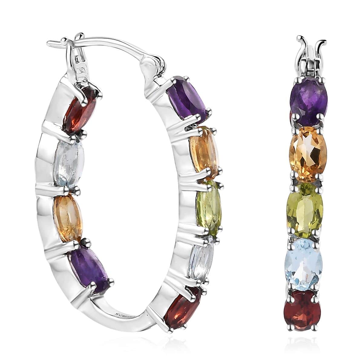 Multi Gemstone Hoop Earrings in Platinum Over Sterling Silver 8.50 ctw image number 0