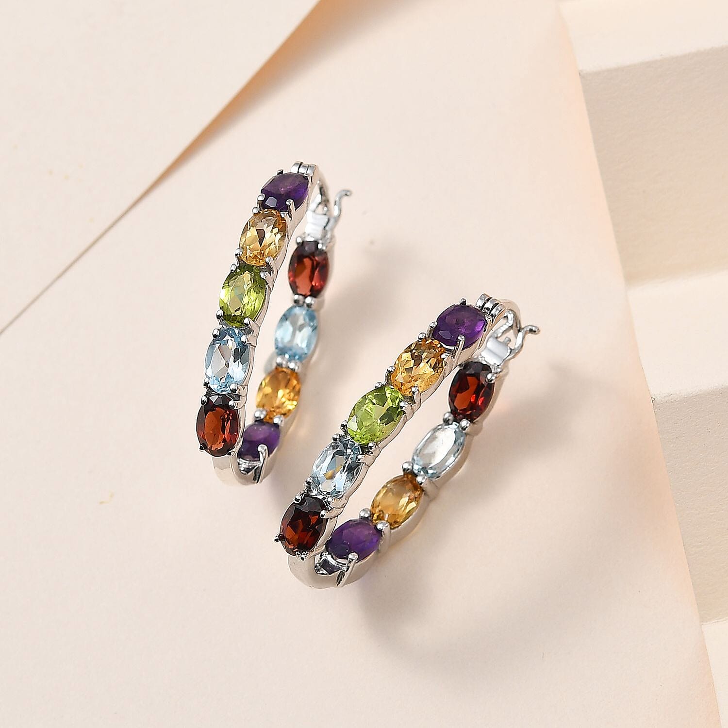 Multi Gemstone Hoop Earrings in Platinum Over Sterling Silver 8.50 ctw