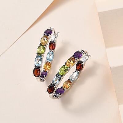 Multi Gemstone Hoop Earrings in Platinum Over Sterling Silver 8.50 ctw