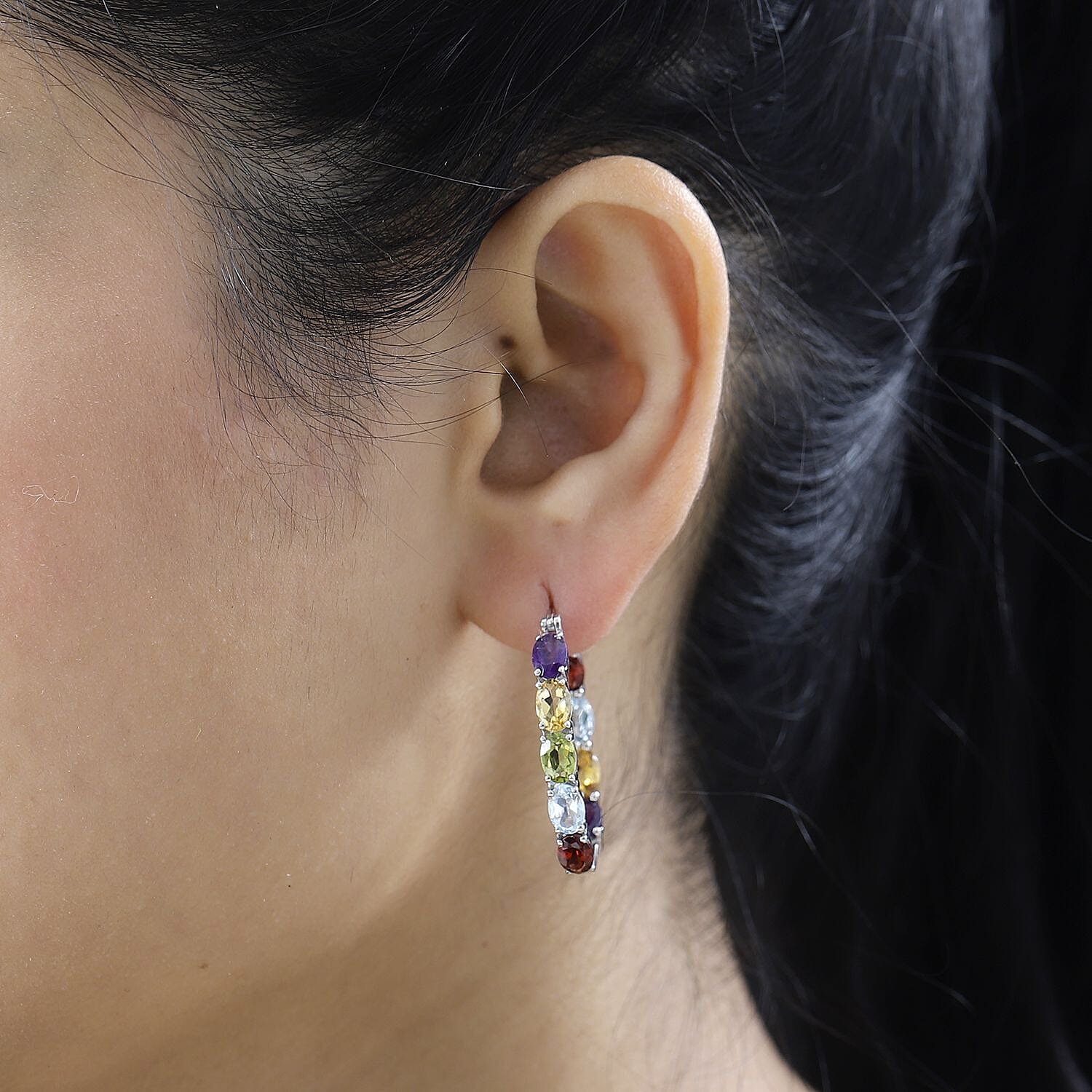 Multi Gemstone Hoop Earrings in Platinum Over Sterling Silver 8.50 ctw