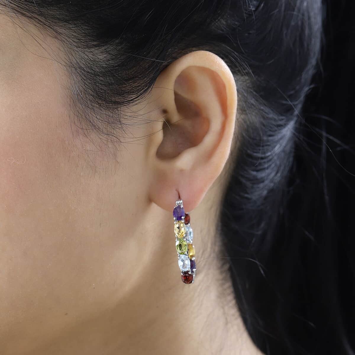 Multi Gemstone Hoop Earrings in Platinum Over Sterling Silver 8.50 ctw image number 2