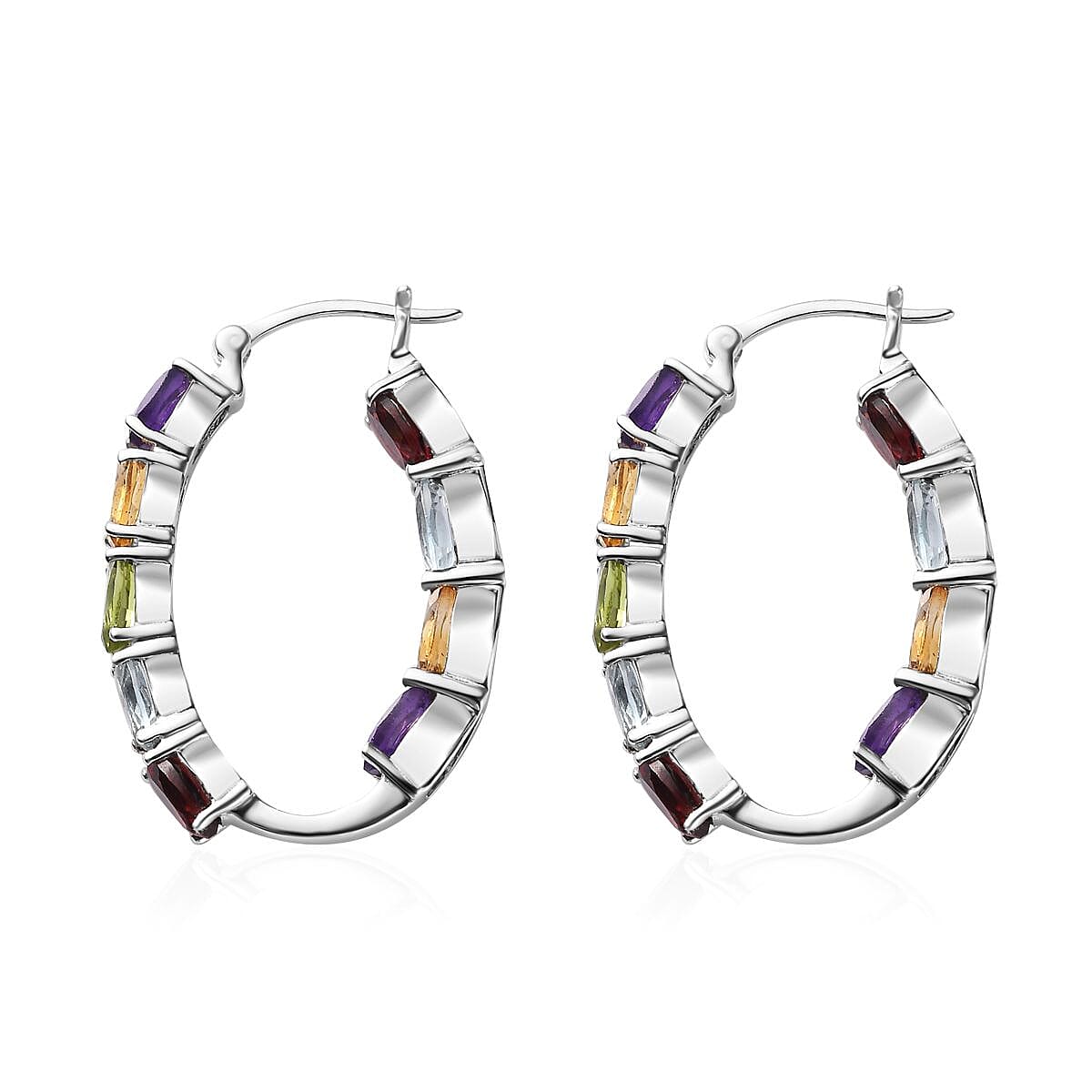 Multi Gemstone Hoop Earrings in Platinum Over Sterling Silver 8.50 ctw