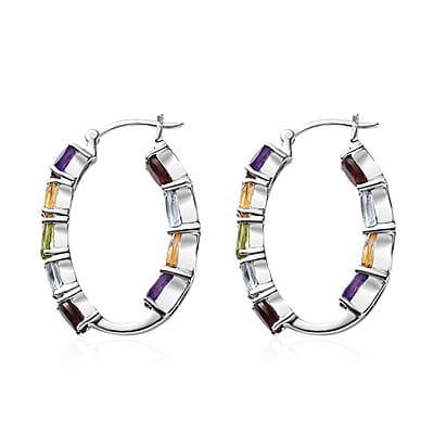 Multi Gemstone Hoop Earrings in Platinum Over Sterling Silver 8.50 ctw