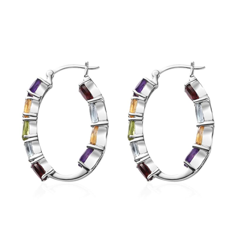 Multi Gemstone Hoop Earrings in Platinum Over Sterling Silver 8.50 ctw