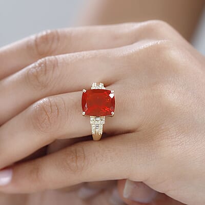 Luxoro AAA Crimson Fire Opal, I2 Natural Yellow and White Diamond 4.00 ctw Ring in 10K Yellow Gold (Size 7.0) 4 Grams