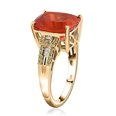 Luxoro 10K Yellow Gold AAA Crimson Fire Opal, I2 Natural Yellow and White Diamond Ring (Size 8.0) 4 Grams 4.00 ctw