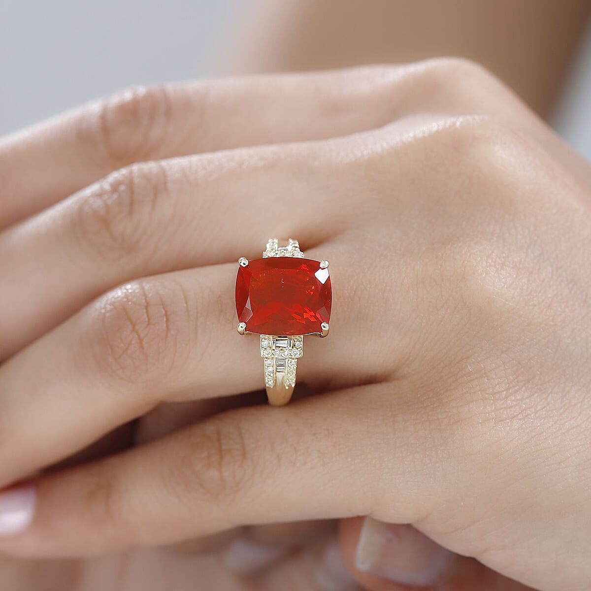 Luxoro 10K Yellow Gold AAA Crimson Fire Opal, I2 Natural Yellow and White Diamond Ring (Size 9.0) 4 Grams 4.00 ctw image number 2