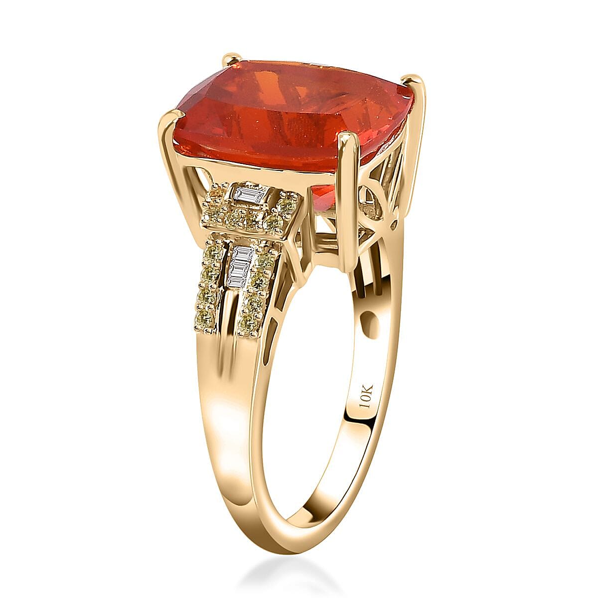 Luxoro 10K Yellow Gold AAA Crimson Fire Opal, I2 Natural Yellow and White Diamond Ring (Size 9.0) 4 Grams 4.00 ctw image number 3
