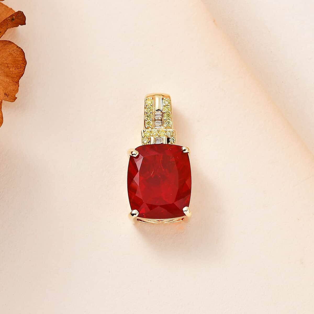 Luxoro 10K Yellow Gold AAA Crimson Fire Opal, I2 Natural Yellow and White Diamond Pendant 3.85 ctw image number 1