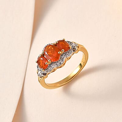 Crimson Fire Opal, Brown and White Zircon Ring in Vermeil Yellow Gold Over Sterling Silver (Size 10.0) 1.40 ctw