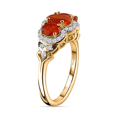 Crimson Fire Opal, Brown and White Zircon Ring in Vermeil Yellow Gold Over Sterling Silver (Size 10.0) 1.40 ctw