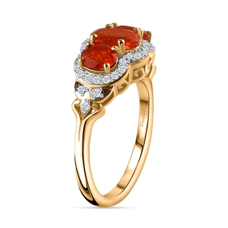 Crimson Fire Opal, Brown and White Zircon Ring in Vermeil Yellow Gold Over Sterling Silver (Size 10.0) 1.40 ctw