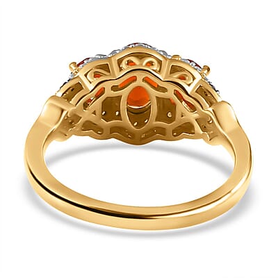 Crimson Fire Opal, Brown and White Zircon Ring in Vermeil Yellow Gold Over Sterling Silver (Size 10.0) 1.40 ctw