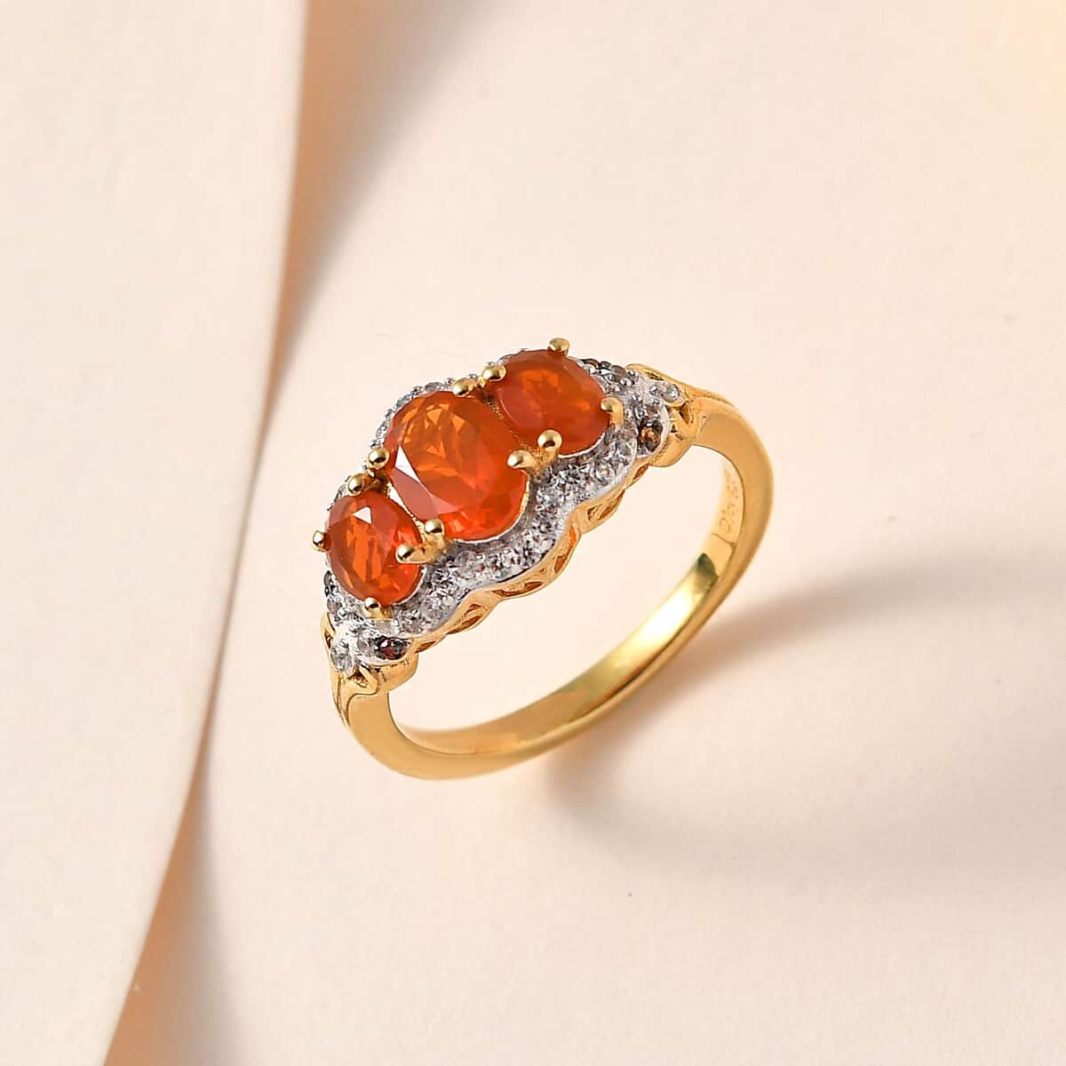 Crimson Fire Opal, Brown and White Zircon Ring in Vermeil Yellow Gold Over Sterling Silver (Size 7.0) 1.40 ctw image number 1