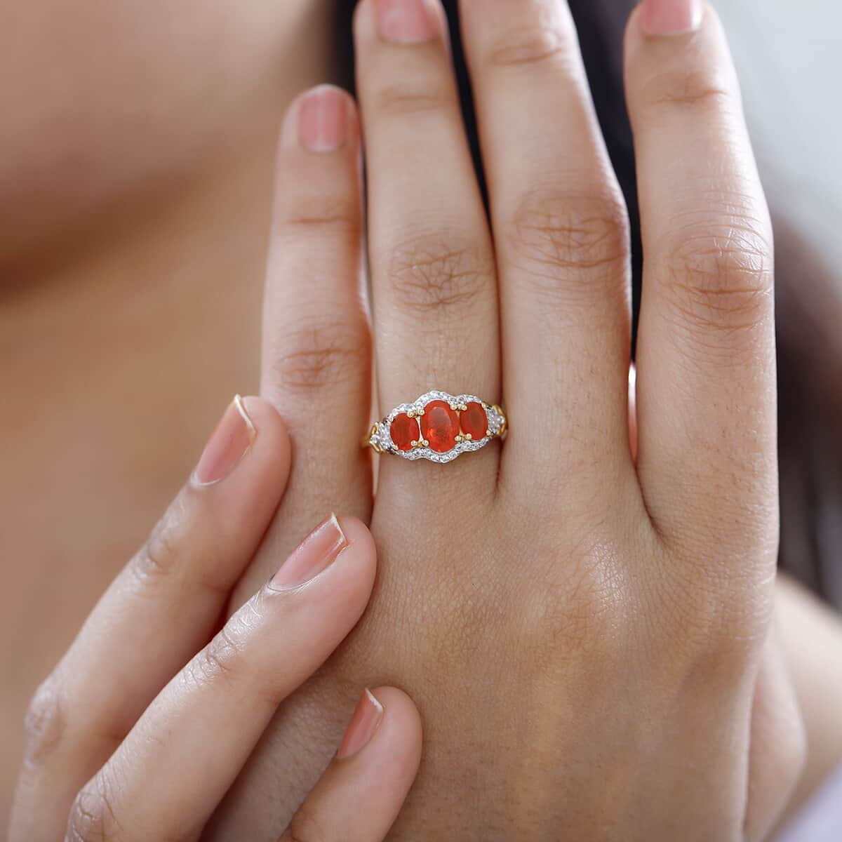 Crimson Fire Opal, Brown and White Zircon Ring in Vermeil Yellow Gold Over Sterling Silver (Size 7.0) 1.40 ctw image number 2