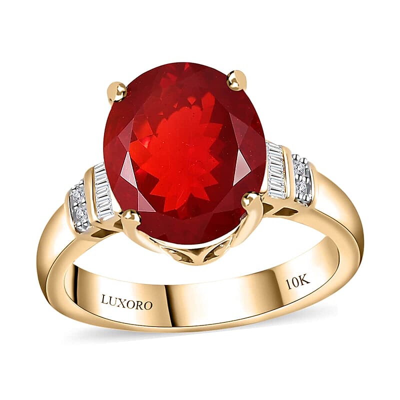 Luxoro 10K Yellow Gold Premium Crimson Fire Opal and G-H I2 Diamond Ring (Size 6.0) 4.25 Grams 3.15 ctw