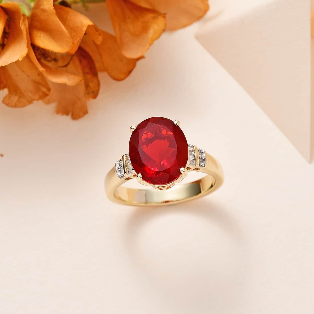 Luxoro 10K Yellow Gold Premium Crimson Fire Opal and G-H I2 Diamond Ring (Size 9.0) 4.25 Grams 3.15 ctw image number 1