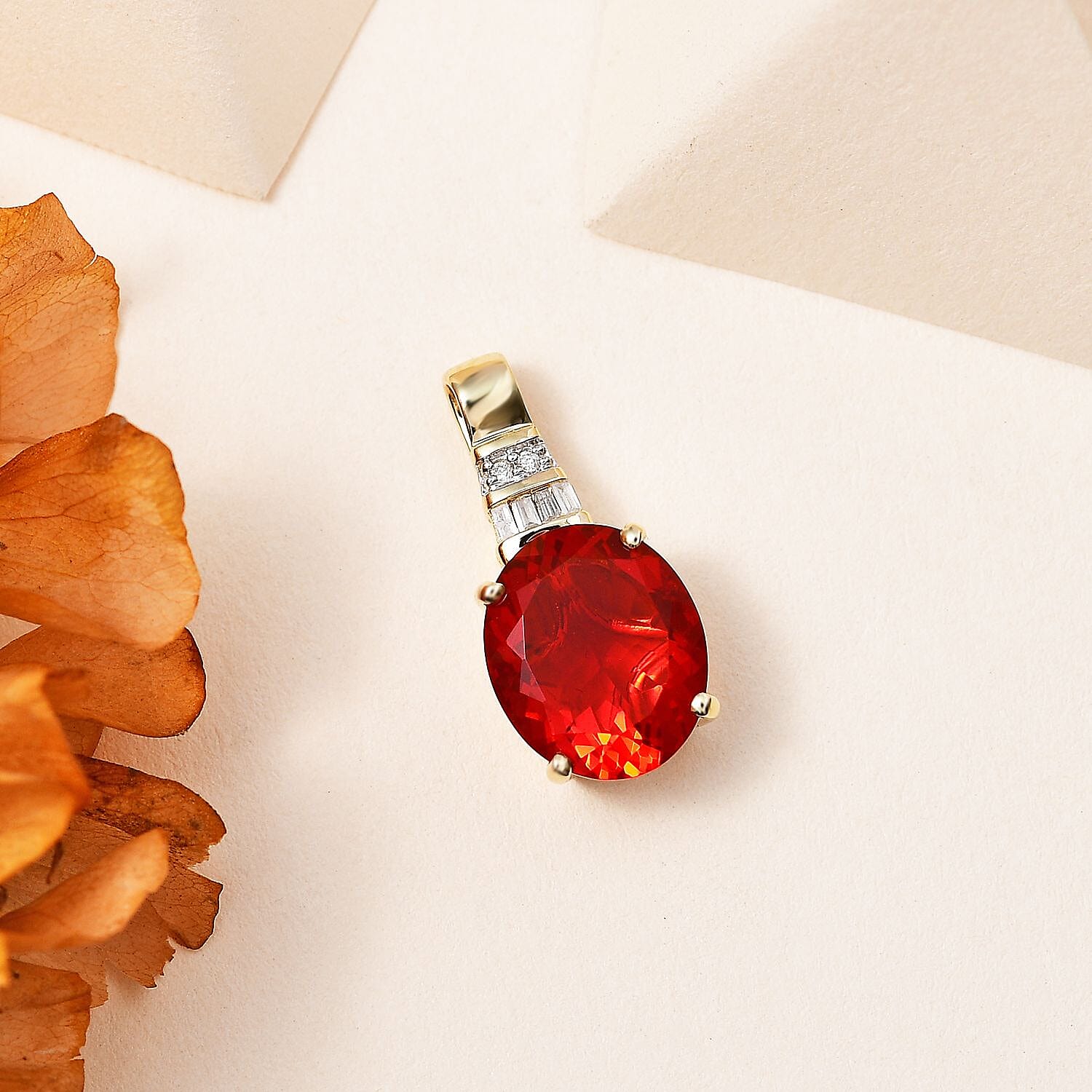 Luxoro 10K Yellow Gold Premium Crimson Fire Opal and G-H I2 Diamond Pendant 3.10 ctw