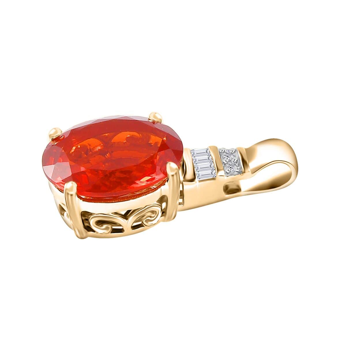 Luxoro 10K Yellow Gold Premium Crimson Fire Opal and G-H I2 Diamond Pendant 3.10 ctw image number 3