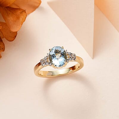 Luxoro 10K Yellow Gold Premium Santa Maria Aquamarine, Diamond (G-H, I2) Ring (Size 10.0) 1.70 ctw