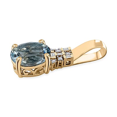 Luxoro 10K Yellow Gold Premium Santa Maria Aquamarine and G-H I2 Diamond Pendant without Chain 1.75 ctw