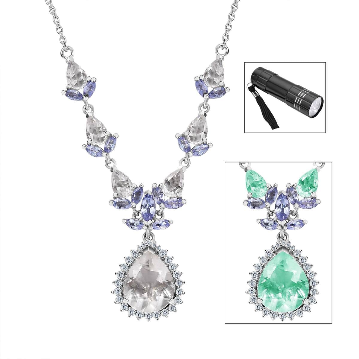 Mexican Hyalite Opal and Multi Gemstone Drop Necklace 18-20 Inches in Platinum Over Sterling Silver with Free UV Flash Light 6.30 ctw image number 0