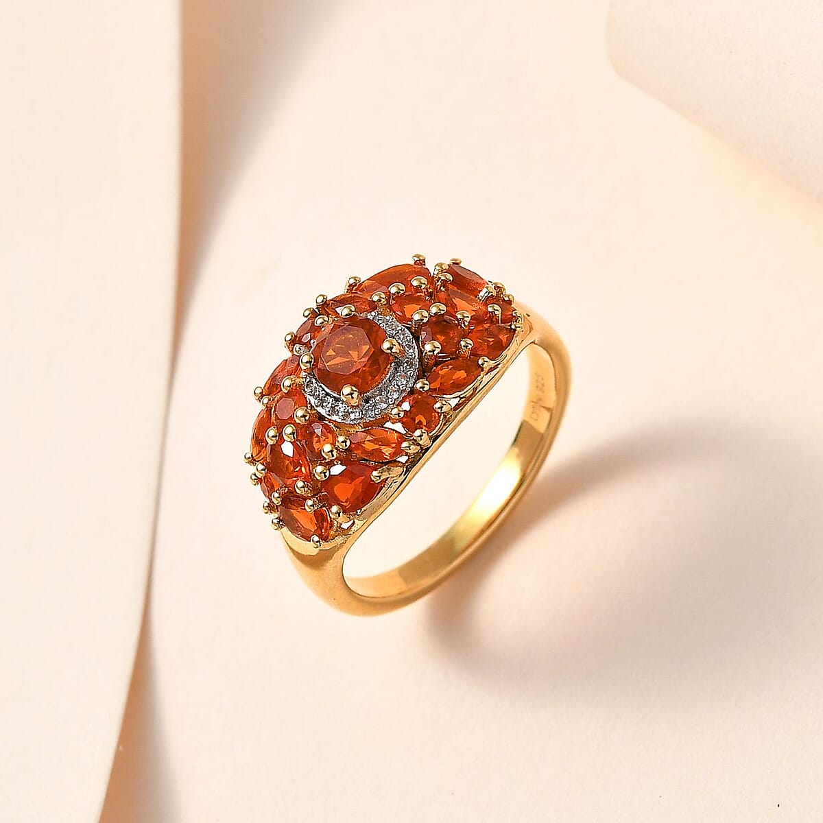 Crimson Fire Opal and White Zircon Ring in Vermeil Yellow Gold Over Sterling Silver (Size 7.0) 1.90 ctw image number 1