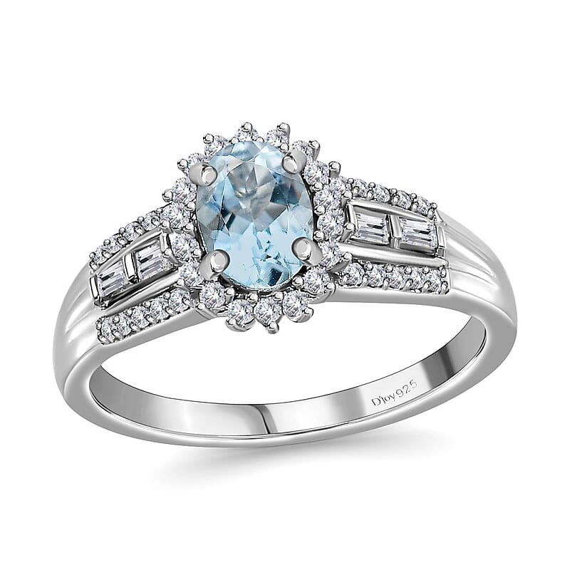 Premium Mangoro Aquamarine and White Zircon Halo Ring in Platinum Over Sterling Silver (Size 10.0) 1.15 ctw