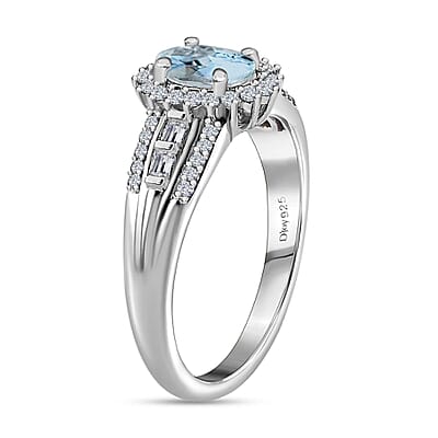 Premium Mangoro Aquamarine and White Zircon Halo Ring in Platinum Over Sterling Silver (Size 10.0) 1.15 ctw