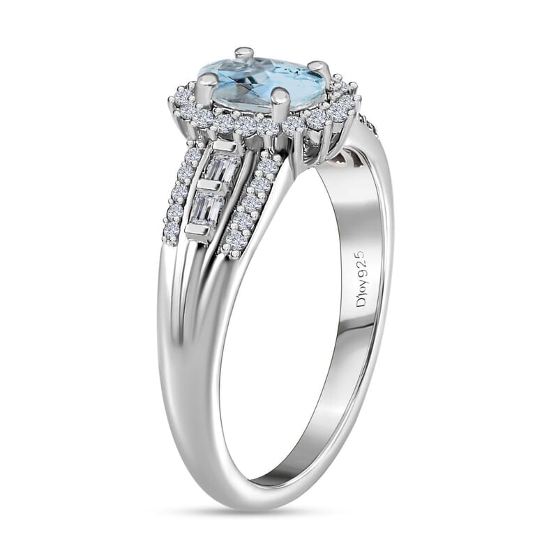 Premium Mangoro Aquamarine and White Zircon Halo Ring in Platinum Over Sterling Silver (Size 10.0) 1.15 ctw