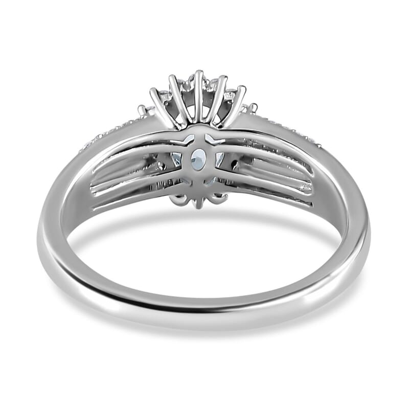 Premium Mangoro Aquamarine and White Zircon Halo Ring in Platinum Over Sterling Silver (Size 10.0) 1.15 ctw