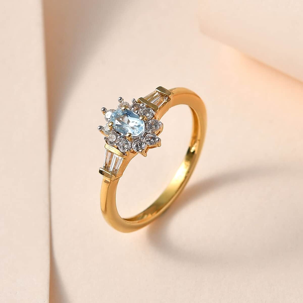 Premium Santa Maria Aquamarine and White Zircon Halo Ring in Vermeil Yellow Gold Over Sterling Silver (Size 10.0) 0.80 ctw image number 1