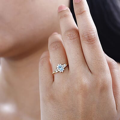 Premium Santa Maria Aquamarine and White Zircon Halo Ring in Vermeil Yellow Gold Over Sterling Silver (Size 10.0) 0.80 ctw