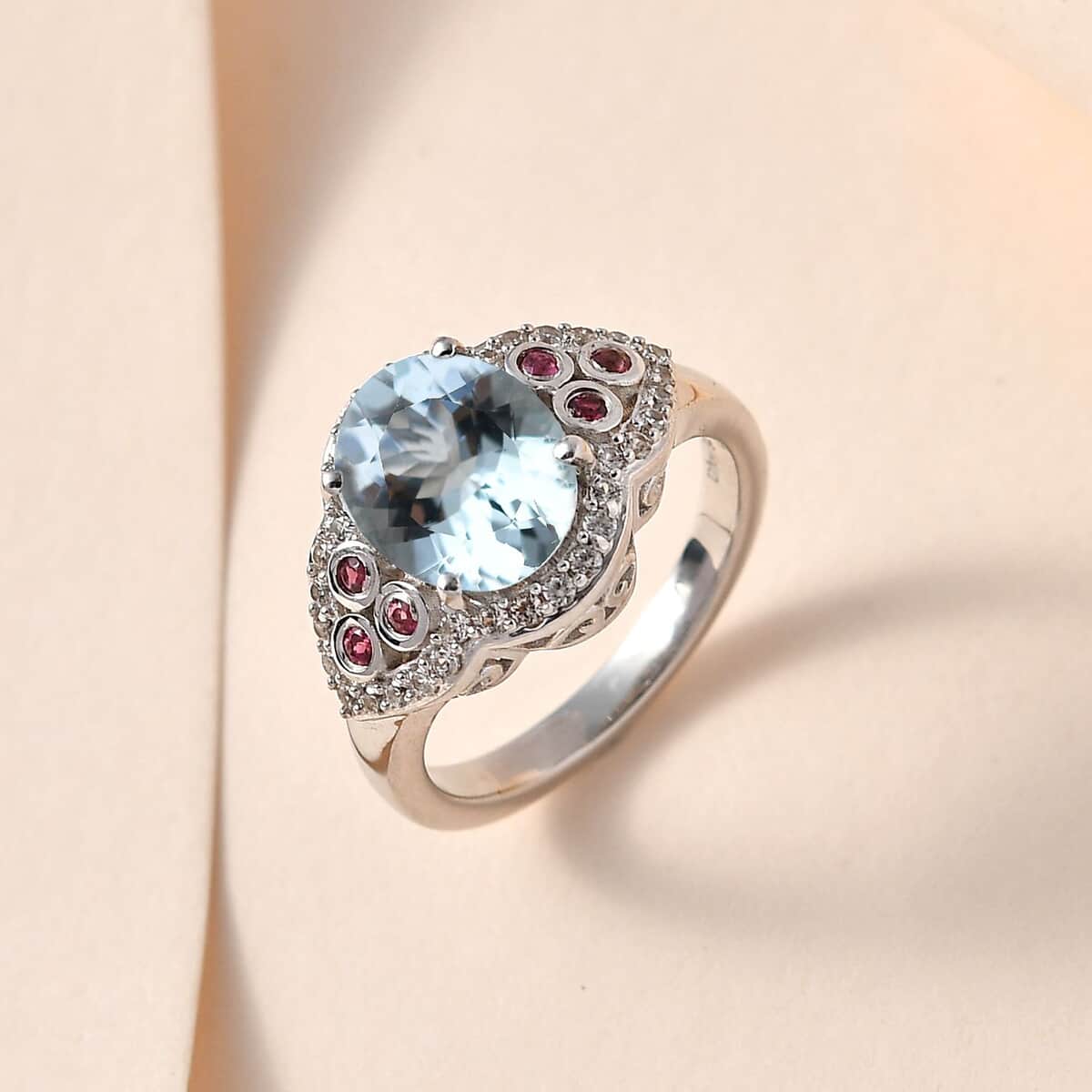Premium Santa Maria Aquamarine, Multi Gemstone Ring in Platinum Over Sterling Silver (Size 6.0) 2.60 ctw image number 1