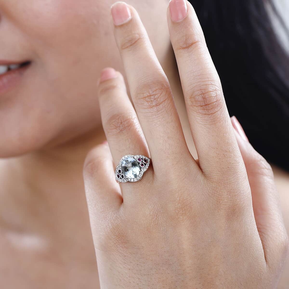 Premium Santa Maria Aquamarine, Multi Gemstone Ring in Platinum Over Sterling Silver (Size 6.0) 2.60 ctw image number 2