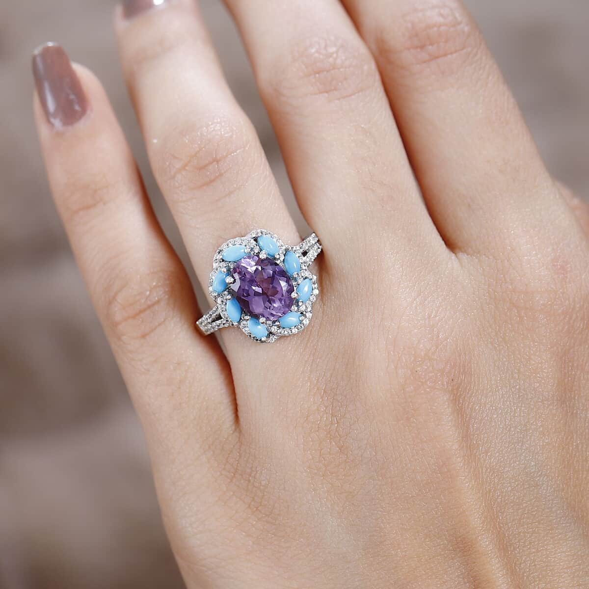 Premium Rose De France Amethyst and Multi Gemstone Ring in Platinum Over Sterling Silver (Size 10.0) 3.70 ctw image number 2