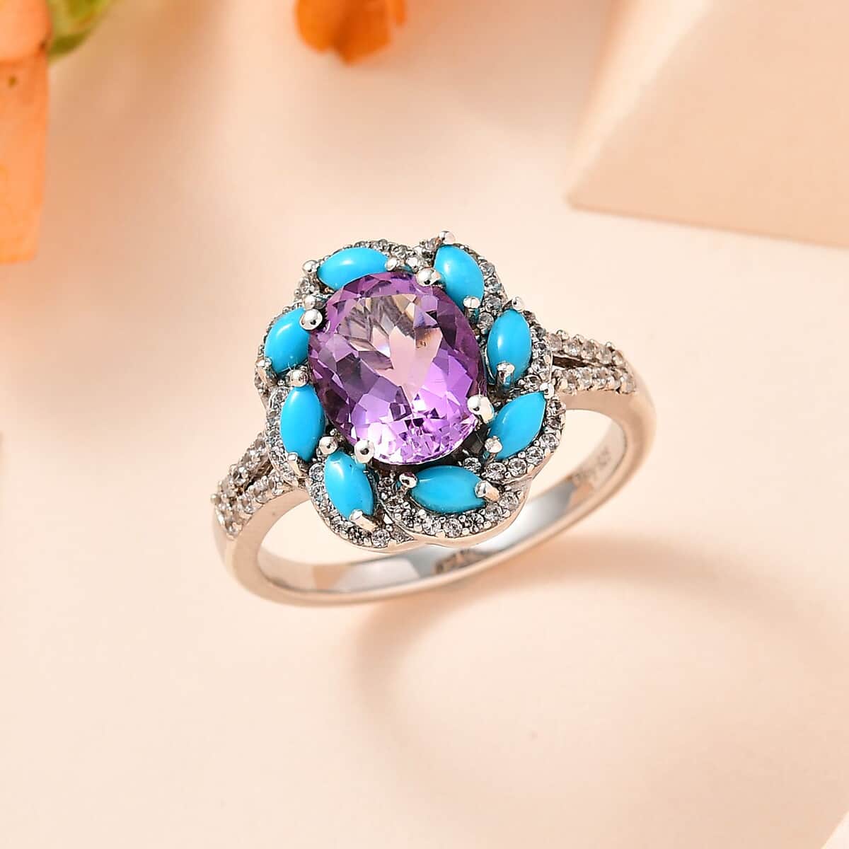 Premium Rose De France Amethyst and Multi Gemstone Ring in Platinum Over Sterling Silver (Size 5.0) 3.70 ctw image number 1