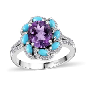 Premium Rose De France Amethyst and Multi Gemstone Ring in Platinum Over Sterling Silver (Size 6.0) 3.70 ctw