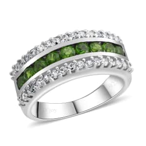 AAA Chrome Diopside and White Zircon Ring in Platinum Over Sterling Silver (Size 10.0) 1.50 ctw